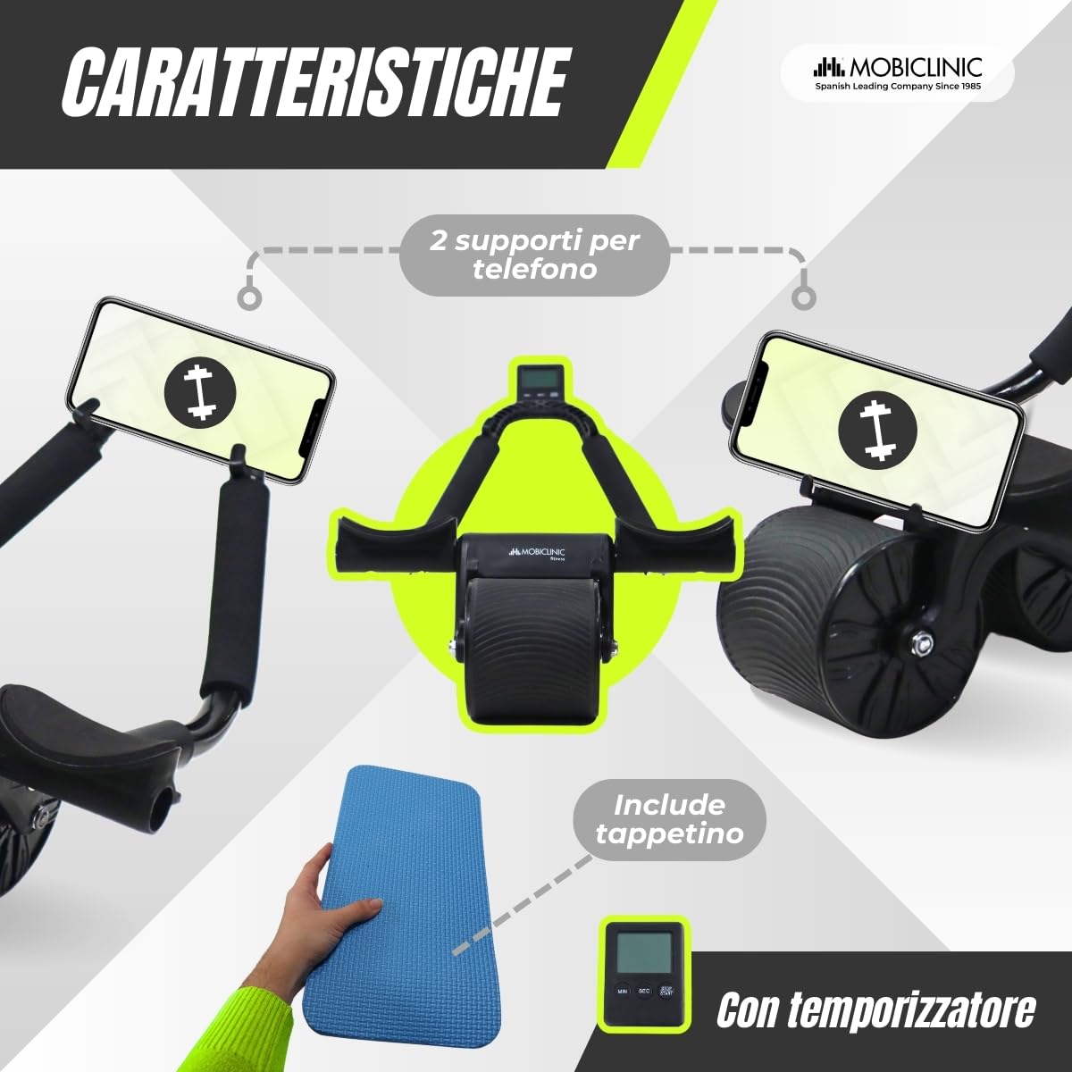Mobiclinic®, Ruota addominale con rimbalzo automatico, Ab roller, Supporto per i gomiti, Timer digitale, Tappetino antiscivolo, Doppia, Portacellulare, Ra-02, Palestra domestica, Fitness
