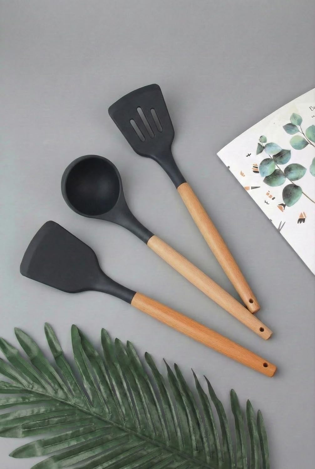 GREEVA 3 Pcs Silicone Kitchen Utensils Set, Heat Resistant Silicone Spatula Turner Set Wooden Spoons Kitchen Tools Cooking Utensils for Nonstick Cookware (3pcs Black) — Amazon image 9