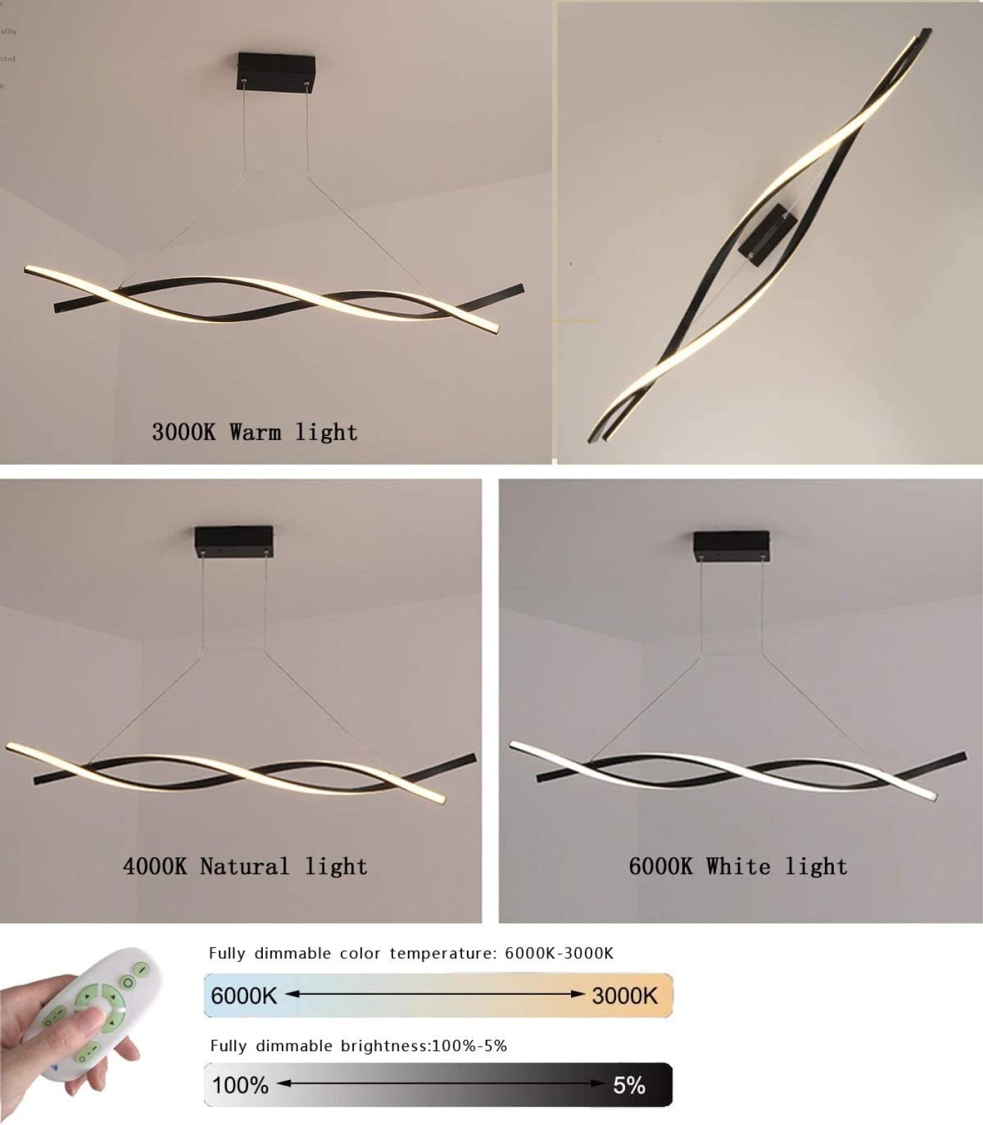 Lampada a sospensione a LED, lampada a sospensione regolabile, lampadario a spirale moderno per cucina isola e sala da pranzo, stile nordico, luce tricolore, 120 cm, design arricciato