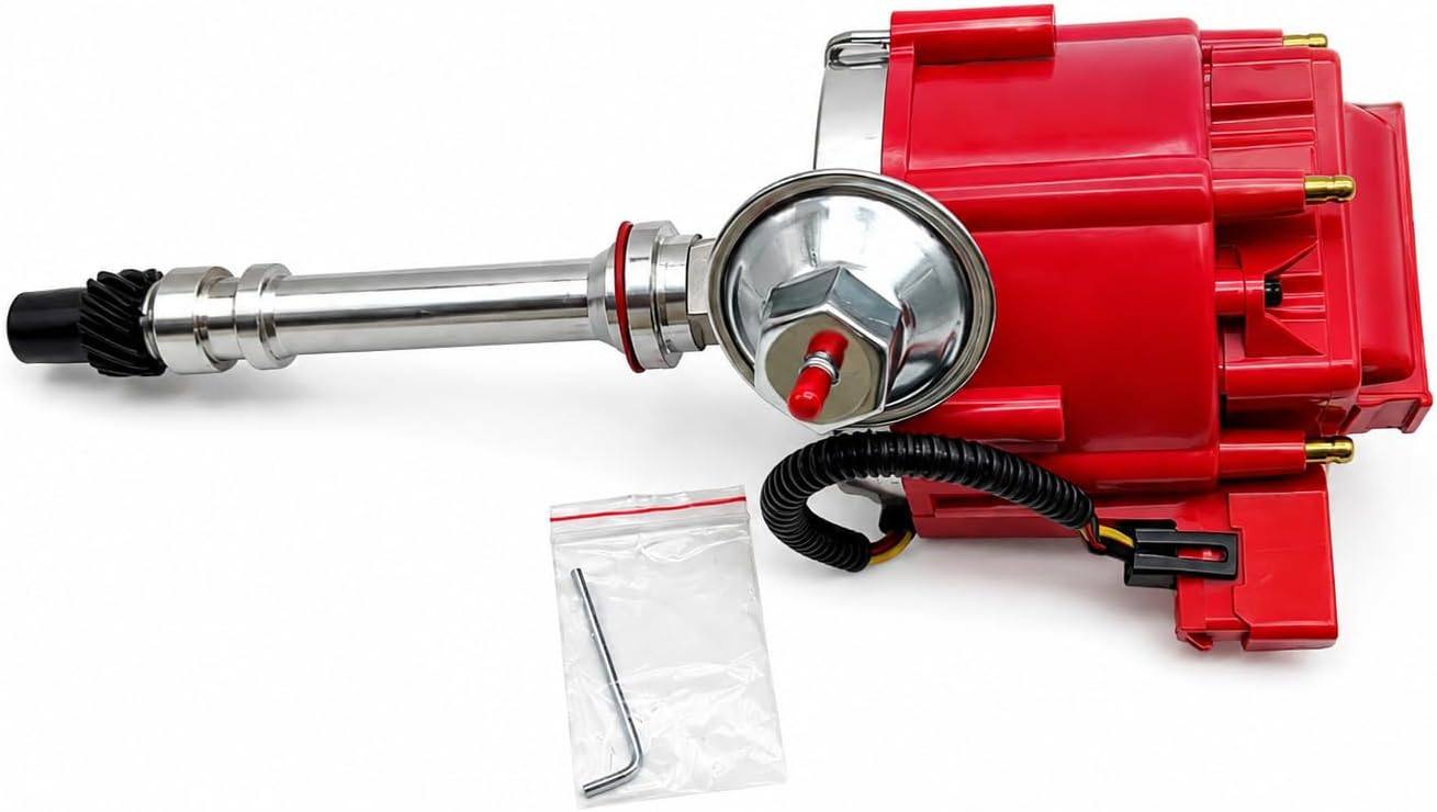 HEI Distributor for GM Chevy 90 Degree V6 4.3L 262 Carbureted 3.8L 229 3.3L 200 Engines, Red Cap 65K Coil One Wire Ignition