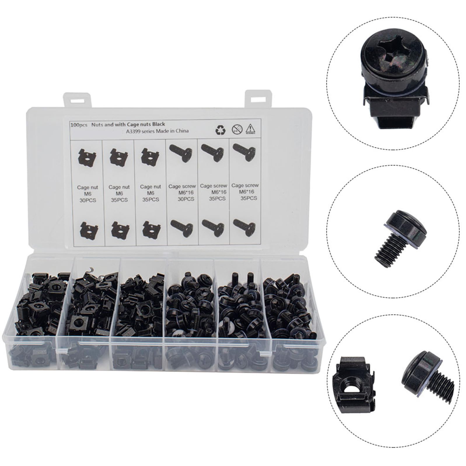 Cabilock Juego De 100 Tornillos M6 Para Rack Industrial, Tuercas Cuadradas Enjauladas y Arandelas Metálicas Negras, Kit Multifuncional Para Montaje En Bastidores y Armarios De Equipos Profesionales