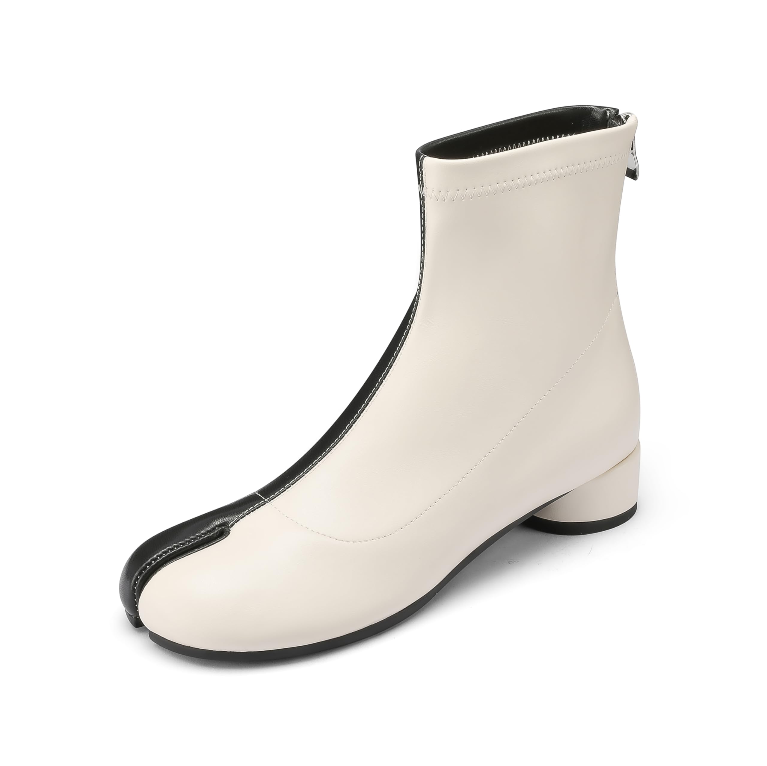 Split Toe Ankle Boots for Women Tabi Japanese Ninja Shoes Low Chunky Heels Booties Stretch Artificial Leather Boots