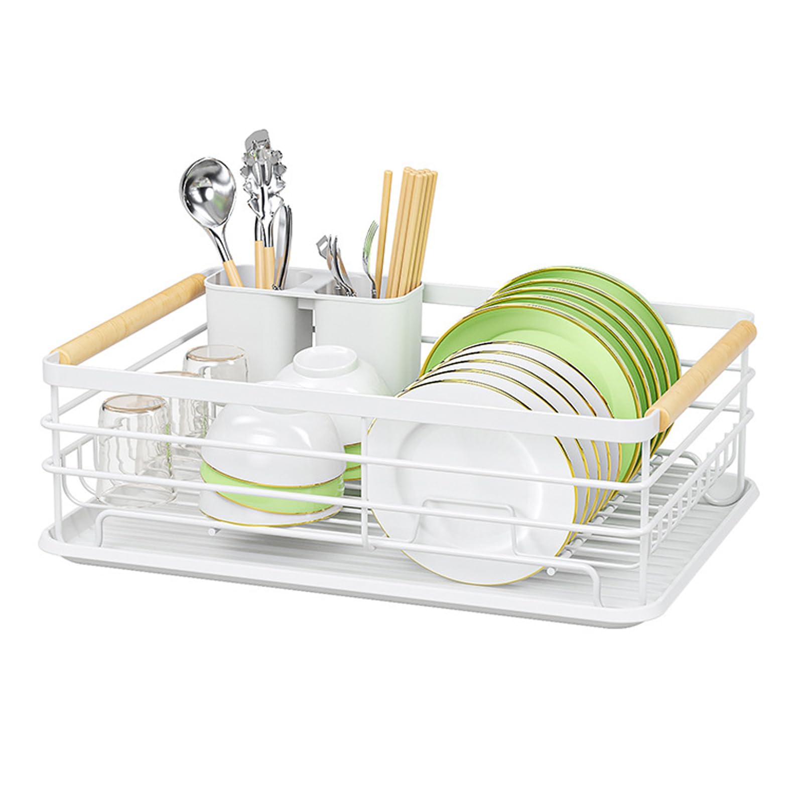 AVkgwrtb Dish Drying Rack, Kitchen Dish Drainer Rack with Drip Tray, Cutlery Holder, Wooden Handles, Multicolor(White)