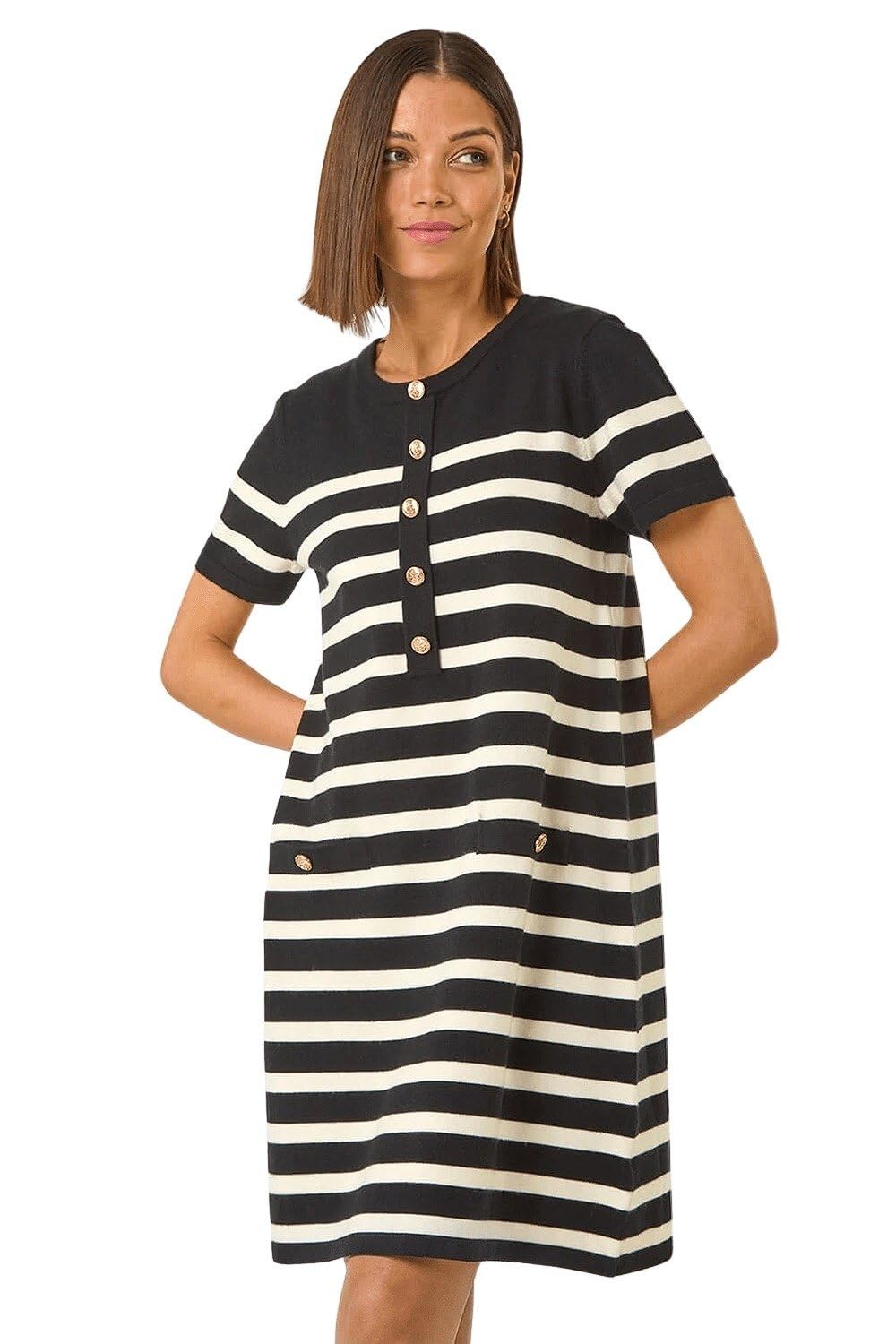 Roman Originals Women's Noir Knitted Button Detail A-Line Dress For Uk - Everyday Autumn Winter Round Neckline Comfy Soft Evening Vacation Work Party Night Out - Size 20