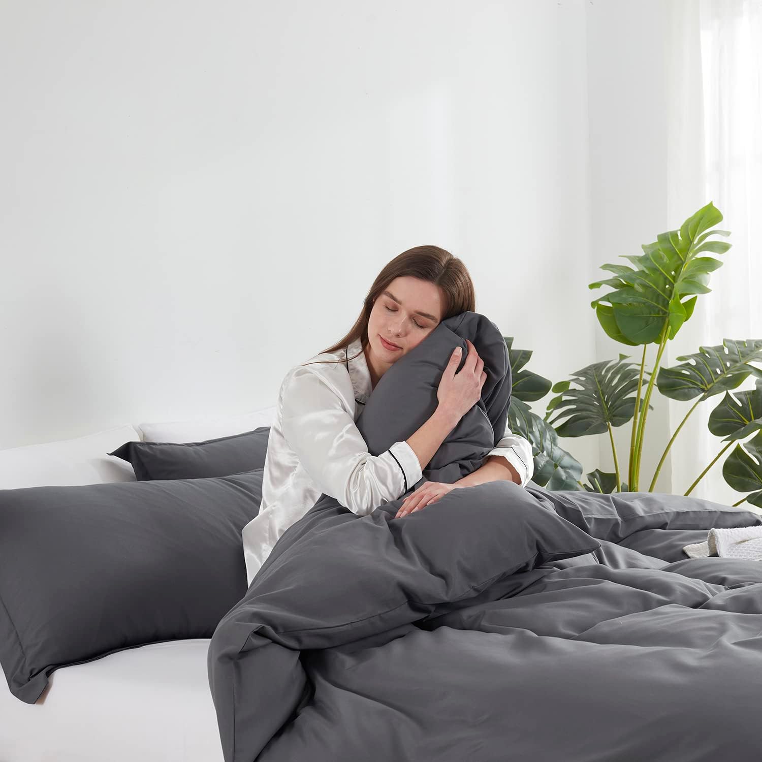 Hearth & Harbor Dark Grey Duvet Cover Queen Size - 3 Piece Soft Double Brushed Bedding Set - Includes 1 Queen Duvet Cover with Button Closure 90x90 inches and 2 Pillow Shams