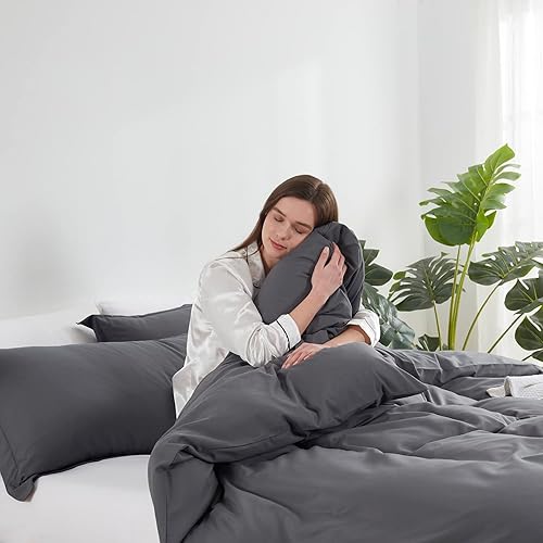 Miniatura 3 de Hearth & Harbor Juego de funda de edredón tamaño individual, color gris oscuro, juego de funda de edredón suave, juego de ropa de cama de 2 piezas