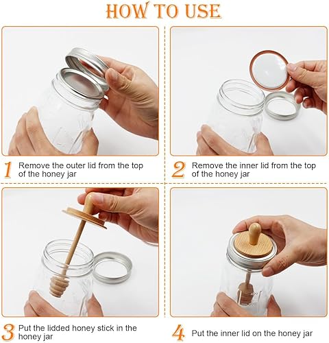 Miniatura 5 de Sun3drucker Juego de tarros de madera para miel con tapas, palo de madera para tarros de boca regular, tapas de panal de miel para boca regular,