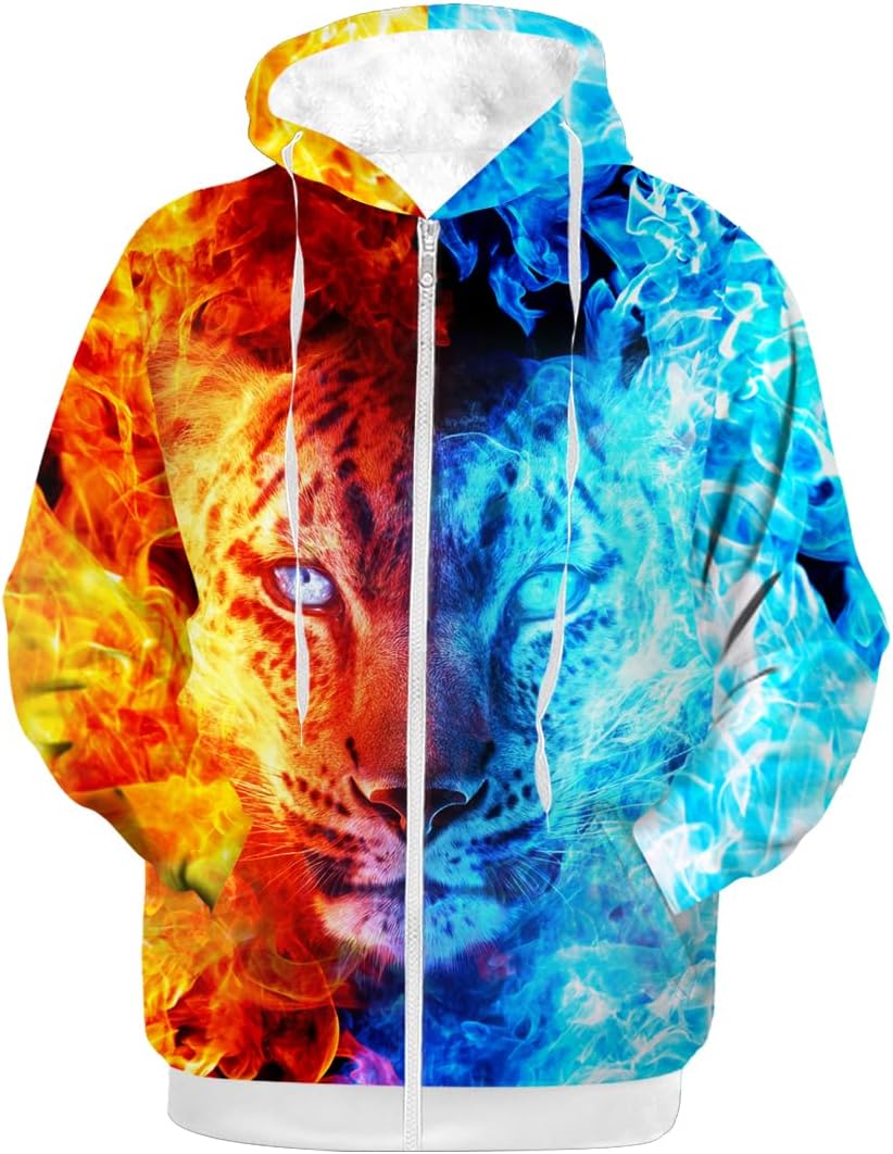 Fire Ice Winter Coat Men Women Fleece Lined Jackets 3D Graphic Full Zip Up Jacket Gifts for Him Her