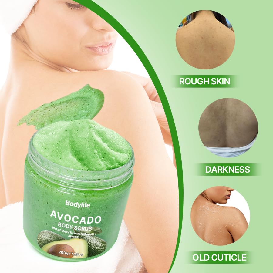 Avocado Body Scrub Exfoliating Sugar Scrub for Body Moisturizing Body Polish Dead Skin Remover Hydrating Shower Bath Body Exfoliator Smooth Soft Skin 10.58 oz