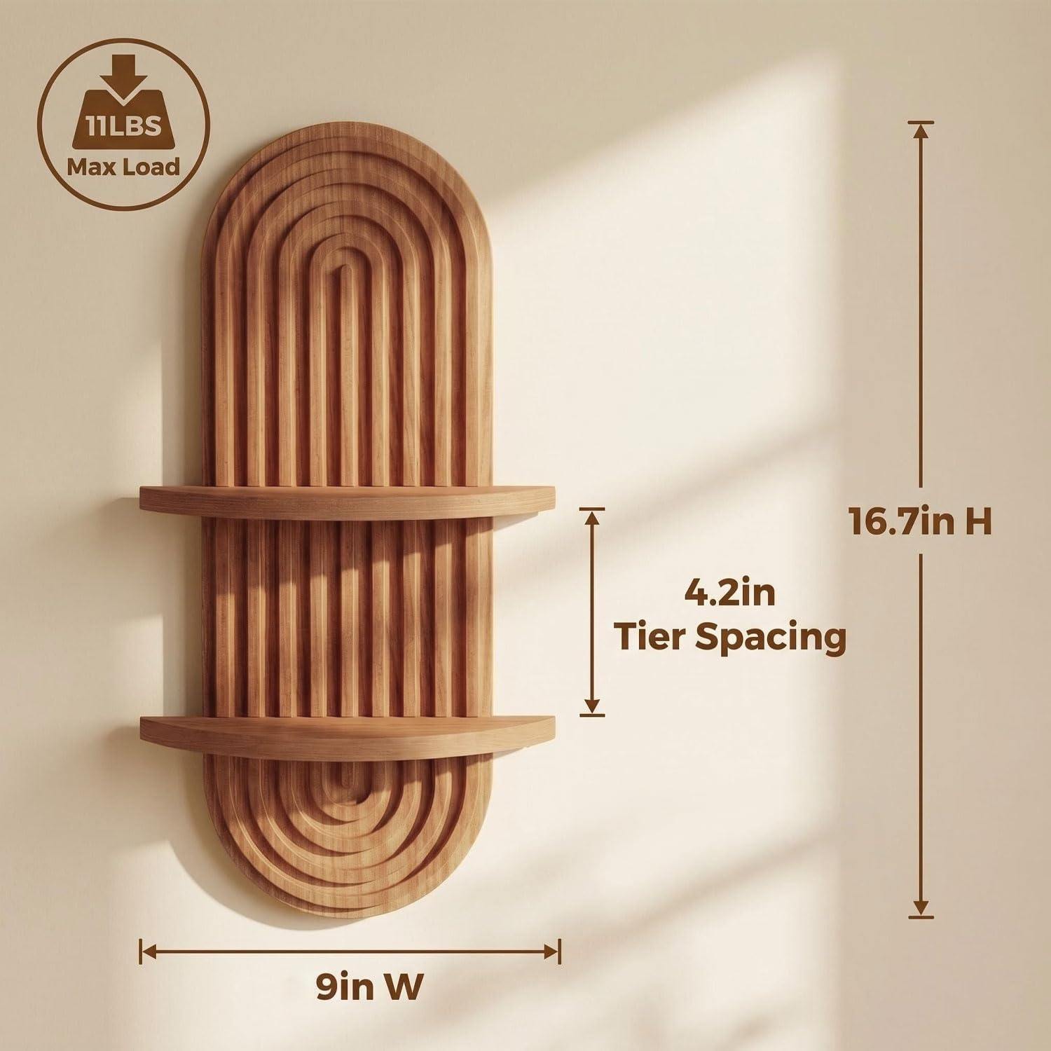 Boho Wall Decor Brown Hanging Shelves, 16.7in Walnut Floating Plant Shelf for Wall, 2 Tier mid Century wall Shelf for Home Bathroom Bedroom Living Room Office Holding Planter
