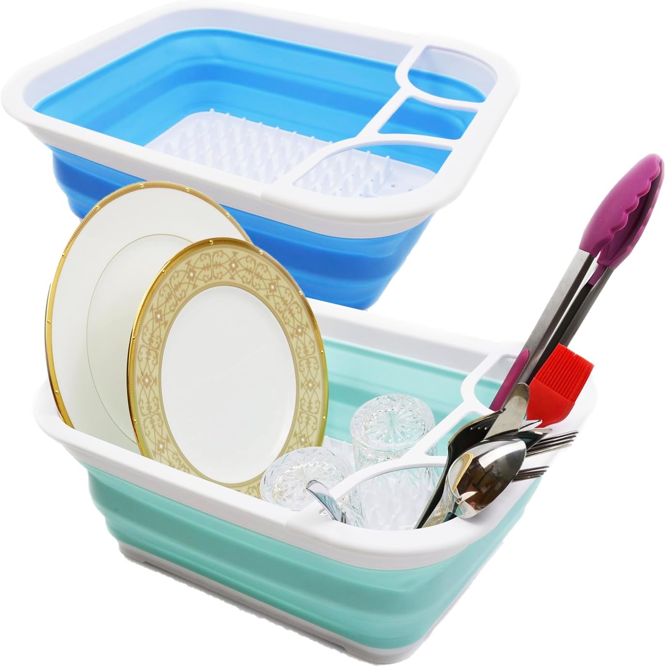 SAMMART Collapsible Dish Drainer - Foldable Drying Rack - Portable Dinnerware Organizer - Space Saving Kitchen Storage Tray (2, Lake Green+Marine Blue)