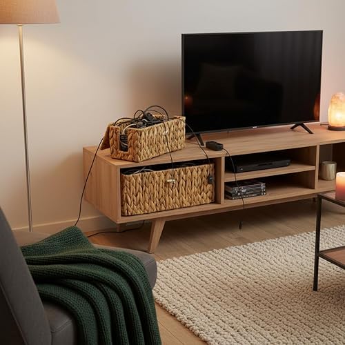 Miniatura 8 de efluky Paquete de 2 cajas de gestión de cables tejidas a mano con tapa, caja de cables de jacinto de agua con ranuras abiertas para ocultar cables