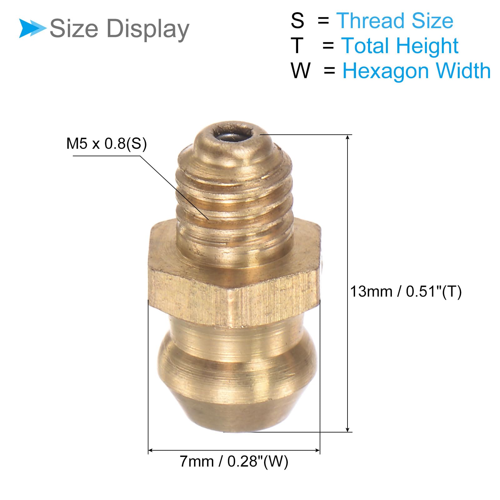 Mosiężna złączka smarowa, metryczna M5 x 0,8 mm, złączka do smarowania hydraulicznego - (Zastosowania: do wymiany brakującego lub uszkodzonego złącza olejowego), 5-częściowy