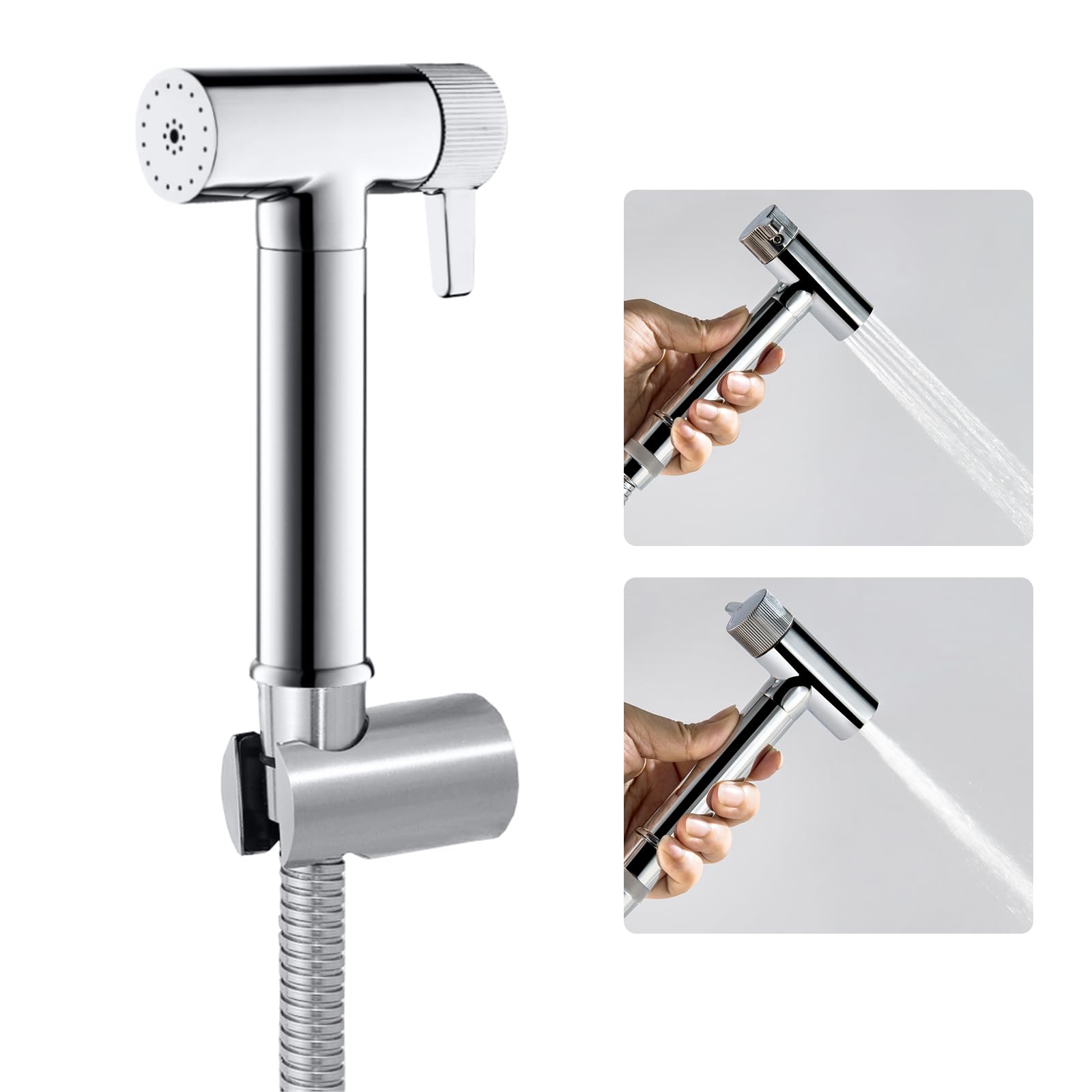 Kit Douchette WC Chrome Douchette Toilette Laiton Douchette WC Kit Complet avec Pulvérisateur Double Fonction, 1.2m Tuyau de Douche, Support