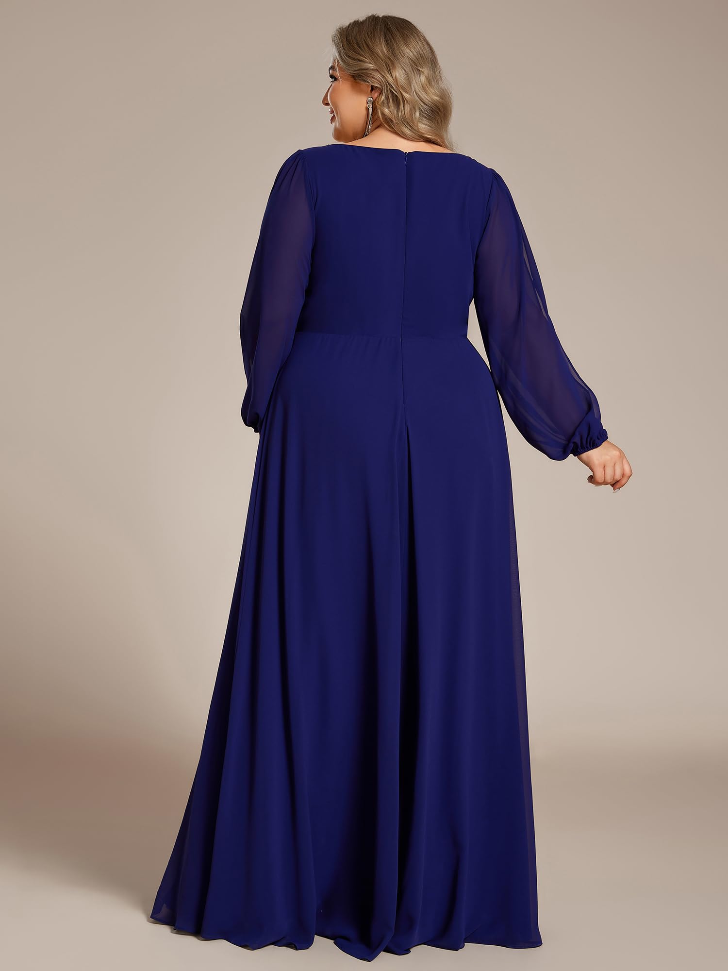 Ever-Pretty Scollo a V Maniche Lunghe Applique Chiffon Plus Size Lungo Formale Abiti da Sera Lunghezza Pavimento Abito da Sfera Abito Donna