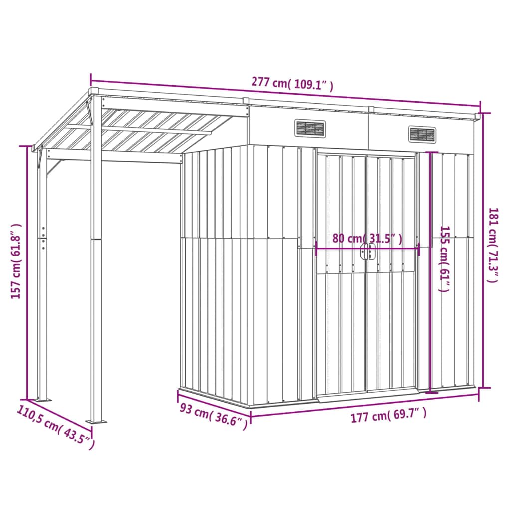 Domek ogrodowy z przedłużonym dachem Antracyt 277x110,5x181 cm, domek ogrodowy, domek do przechowywania ogrodu, domek na narzędzia ogrodowe