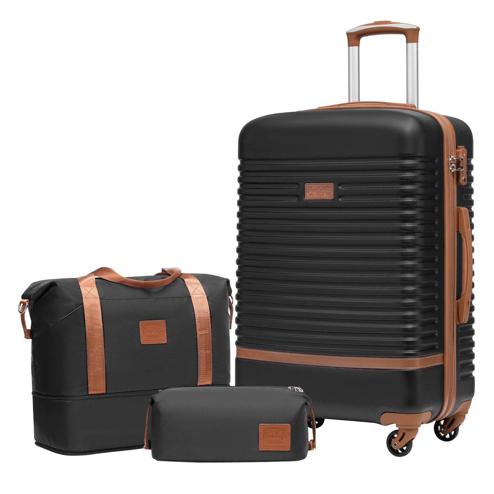 COOLIFE Koffer Set 3-tlg: Mittlerer Koffer + Reisetasche | ABS Hartschale Leicht, 360° Räder & TSA-Schlösser Für Europa, Kreuzfahrt & Auslandsstudium – Familienurlaub Essentials Schwarz/Braun