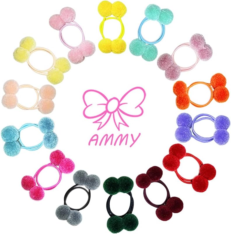 AMMY 28 Pcs Pom Ball Hair Ties,Elastic Fluffy Pom Pom Ball Hair Band for Girls KidsToddlers Pigtail Ball Ponytail Holders for Girls(Assorted Color)
