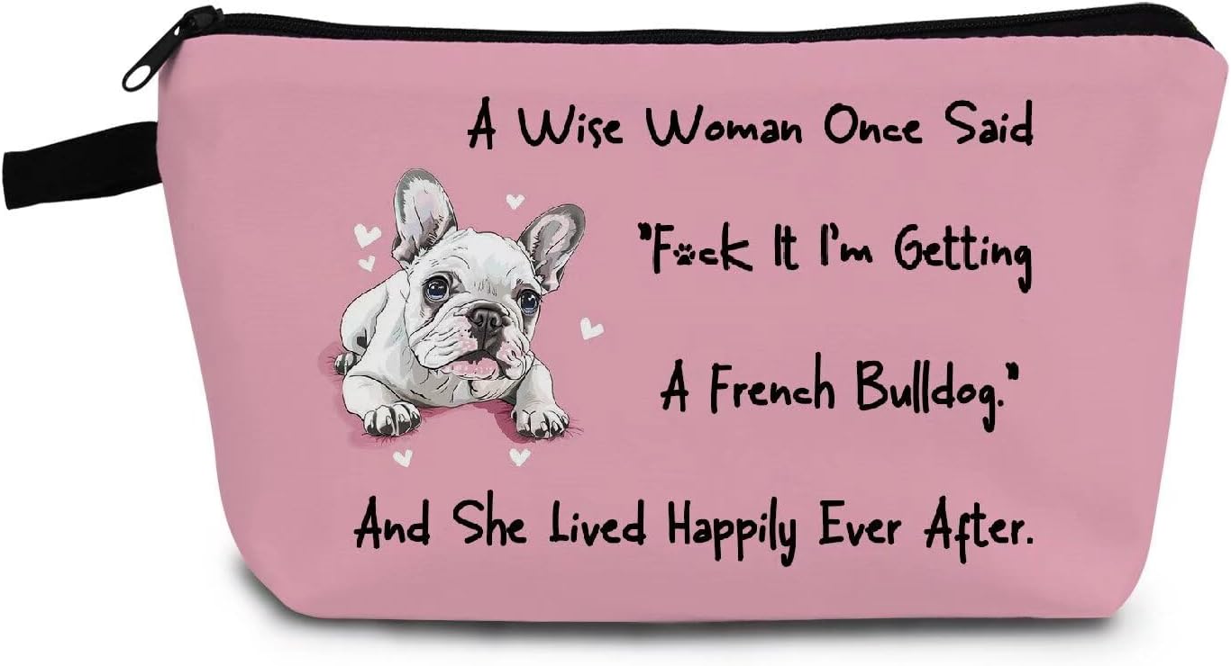 Wise French Bulldog Mom Cosmetic Bag French Bulldog Pattern Pink Small Cute Organizer Bag with Zipper Happy French Bulldog Mom Makeup Bag Present for Dog Mom Bulldog Lovers Women