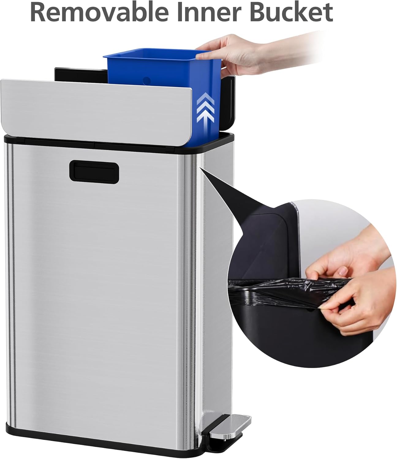 OUTLANE Kitchen Trash Can, 2×7.4-Gallon Garbage Can with Butterfly Lid, Large Dual Trash and Recycle Bin Combo, Step-on Kitchen Metal Garbage Cans, PP Inner Buckets, Liner Rim