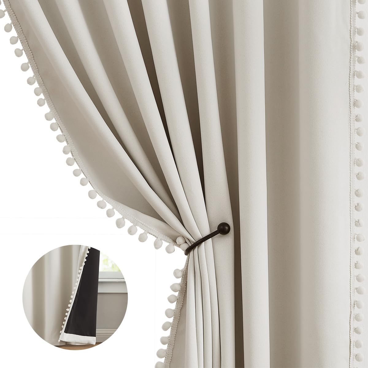 Ivory Pom Pom Blackout Curtains for Bedroom 90 inch Long Beige Thermal Insulated Energy Saving Room Darkening Window Curtains for Living Room Guest Kids Girls Room Drapes 54"W 2 Panels Eyelet