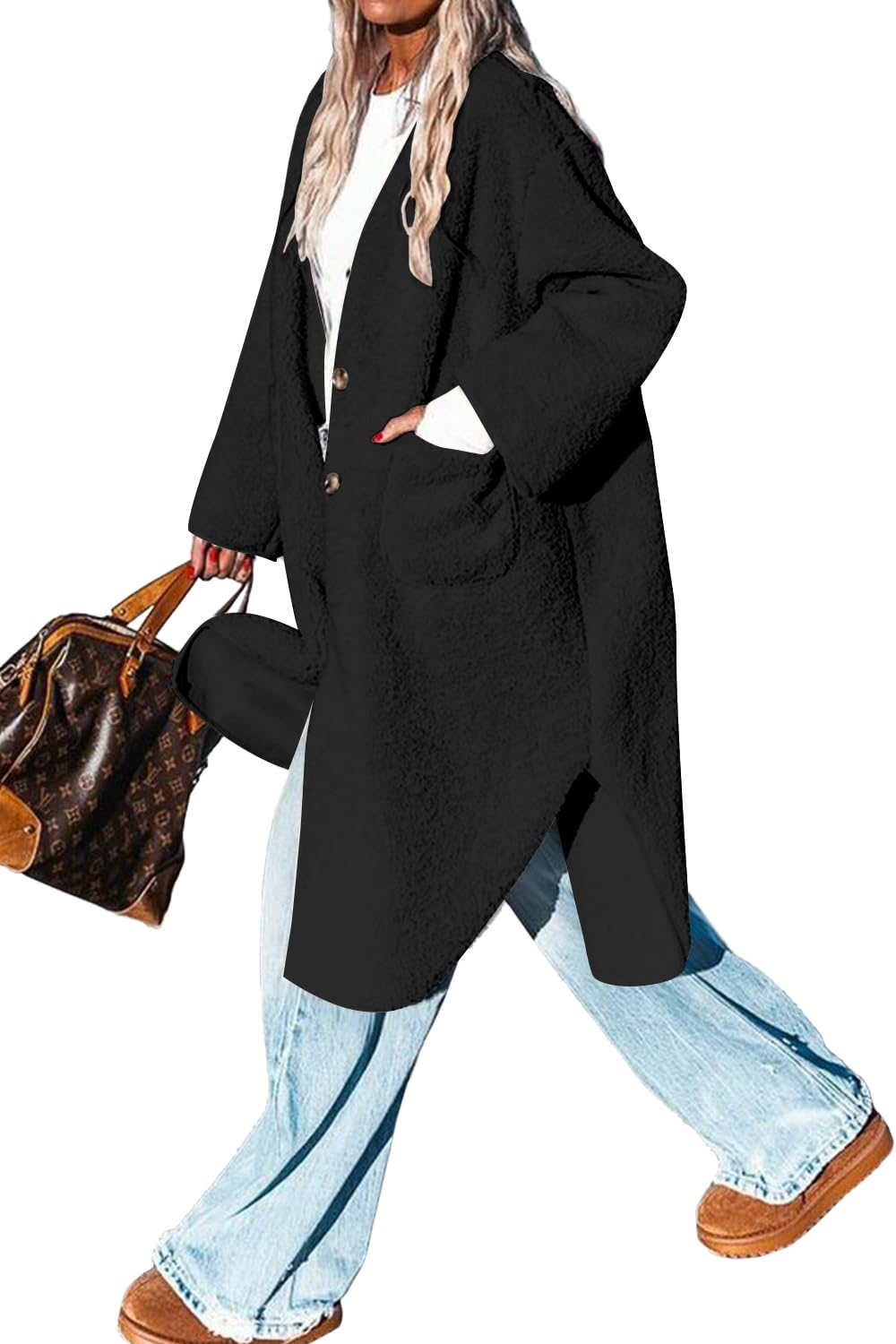 AoangFleece Coat Women Button Down Long Jacket Fall Flannel Trench Coat Dressy