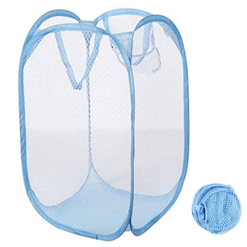 Qtopun Mesh Popup Laundry Hamper Foldable Laundry Basket Portable Dirty Clothes Basket Collapsible Dirty Clothes Hamper for Bedroom, Kids Room, College Dormitory and Travel (Light Blue)