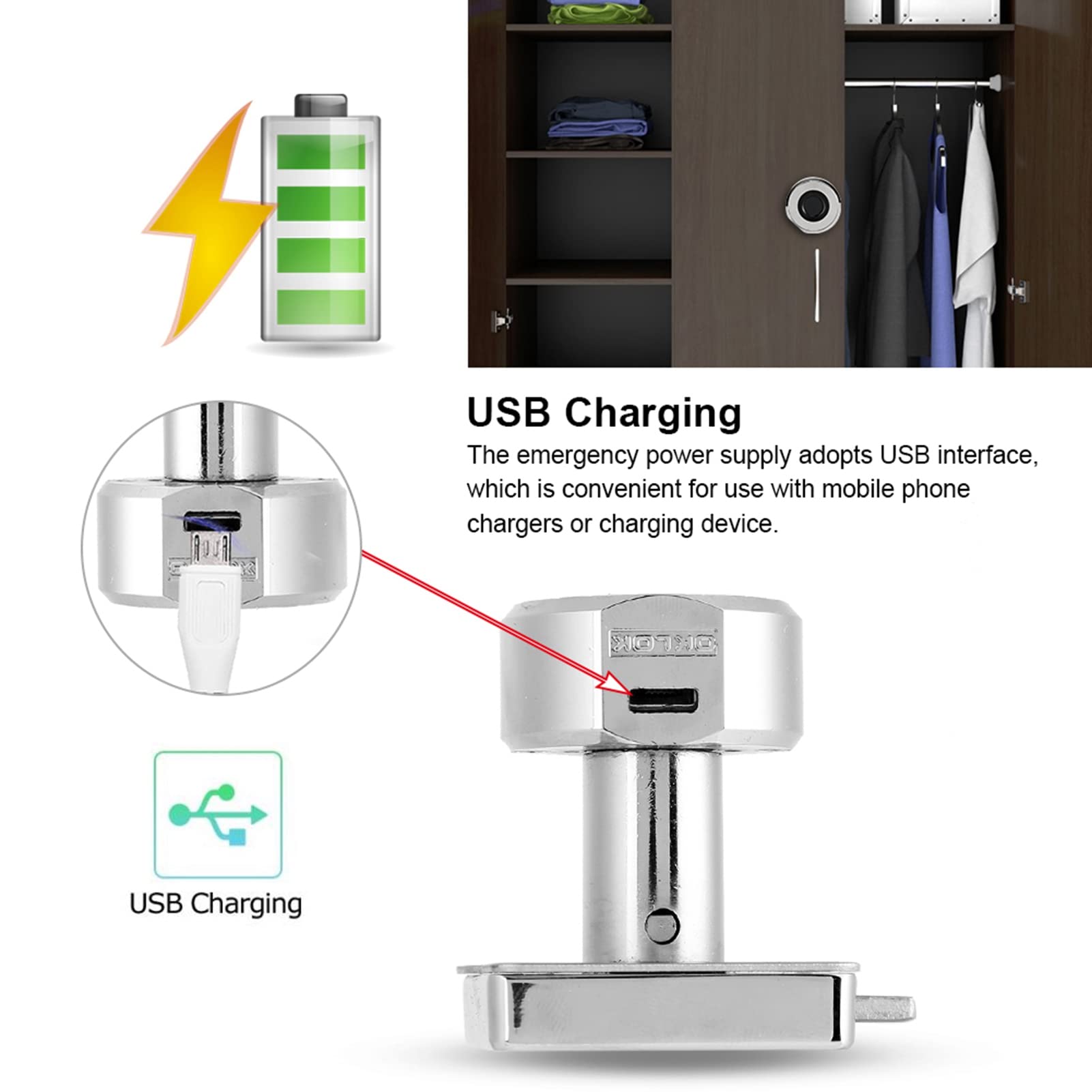 Smart Fingerabdruck Schloss Diebstahlsicherung Schlüsselloses Schloss 20 Fingerabdruck USB Aufladen, Schrankschlösser für Kleiderschrank Schublade für Zuhause und Büro