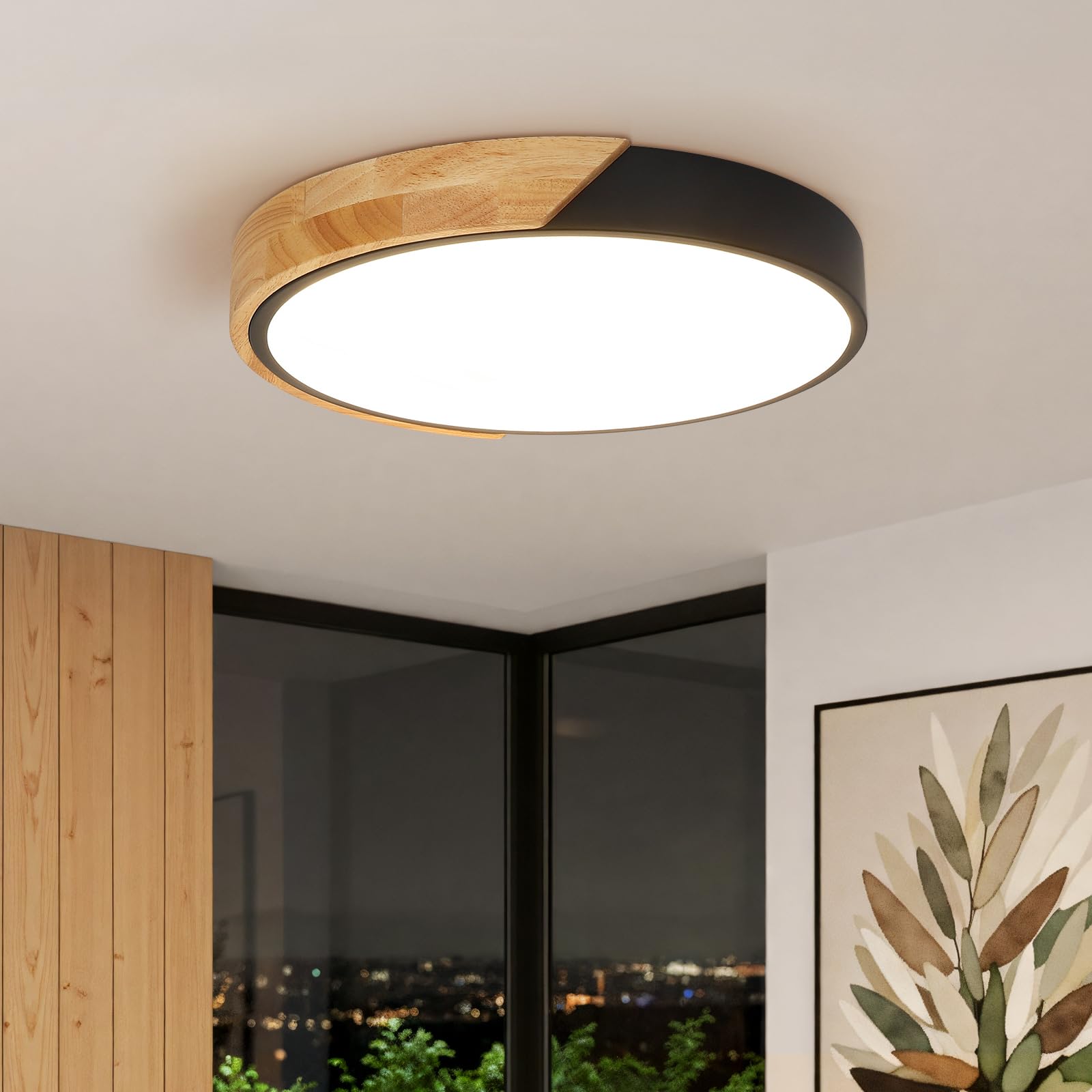 Kambo LED Deckenleuchte 24W ∅30cm Luce naturale, Moderne Deckenlampe Schwarz mit Holzoptik 4500K, für Wohnzimmer, Schlafzimmer, Küche, Flur, Studios, Arbeitszimmer und Kinderzimmer