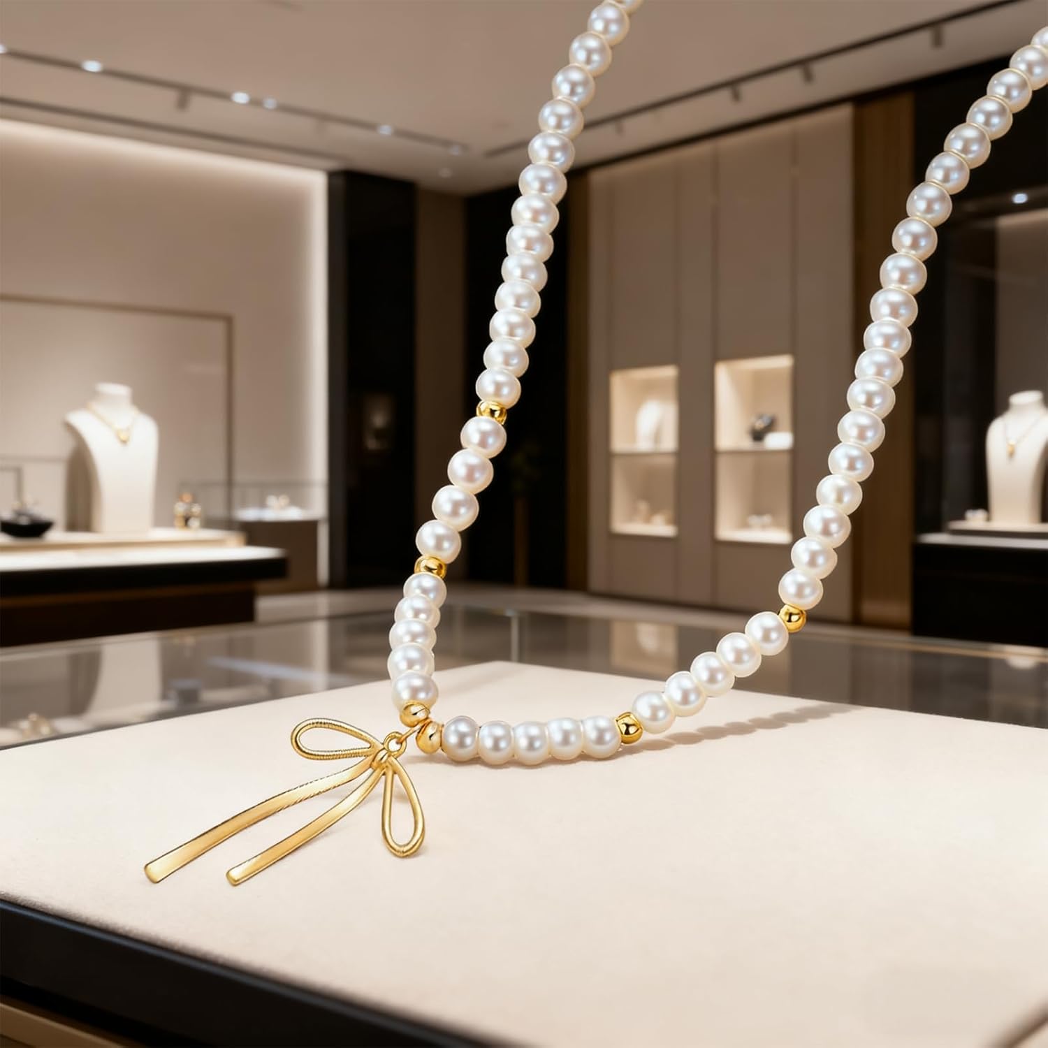 Pearl Bow Necklace for Women Gold Bow Pendant Necklace Rhinestone Bowknot Necklace Ribbon Necklace Wedding Christmas Prom Jewelry Gifts - Image 6