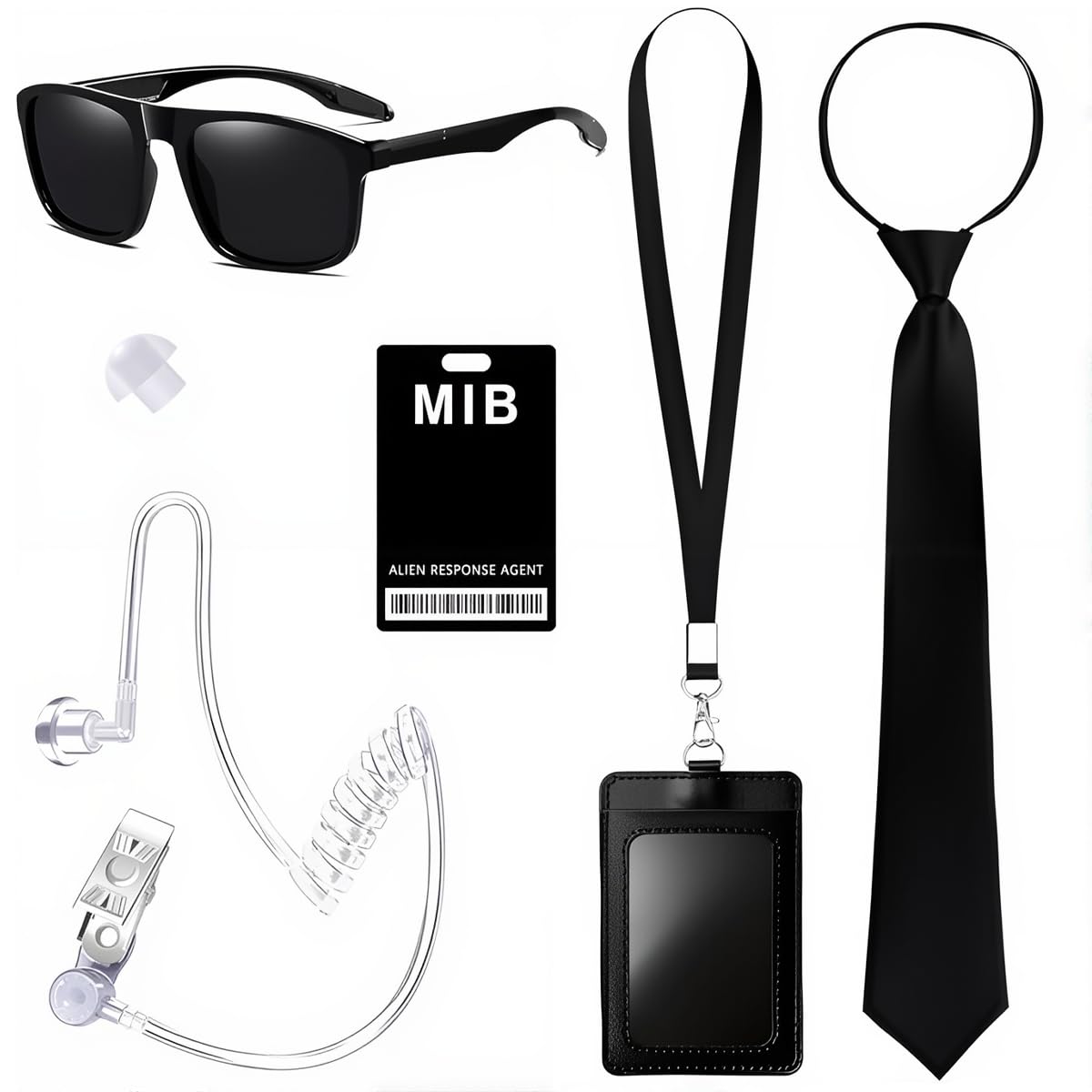 Secret Service Costume Accessories, 6 PCS Spy Costume Accessory with Sunglasses, Zip Tie, Secret Service ID, Card Holder, Fake Earphones, Retractable Communication Cable, Agent Accessories Set