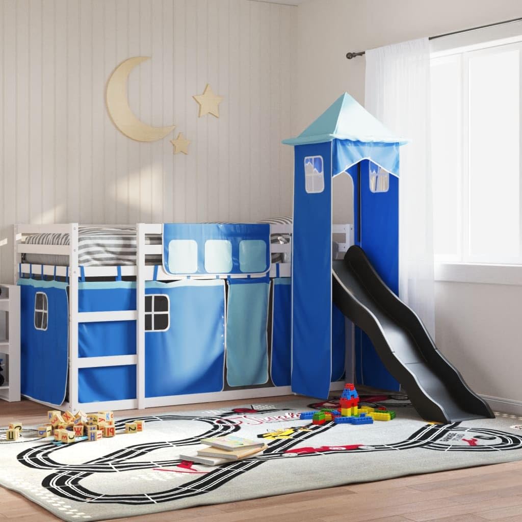 Litera infantil con tobogán, cortinas, 90 x 200 cm, madera maciza de pino, color blanco y azul, cama de juegos, para habitación infantil a partir de 6 años