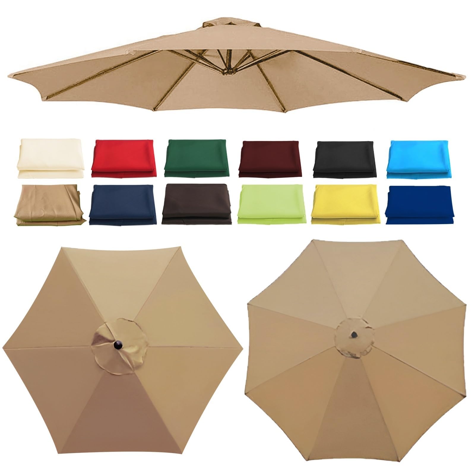 QIQVIV 2m/2.7m/3.0m Patio Umbrella Replacement Canopy, Parasol Canopy Replacement Parts For Outdoor Terraces, UV Sun Protection And Water Resistant(Khaki,(6Rib) 2.7m/106in)