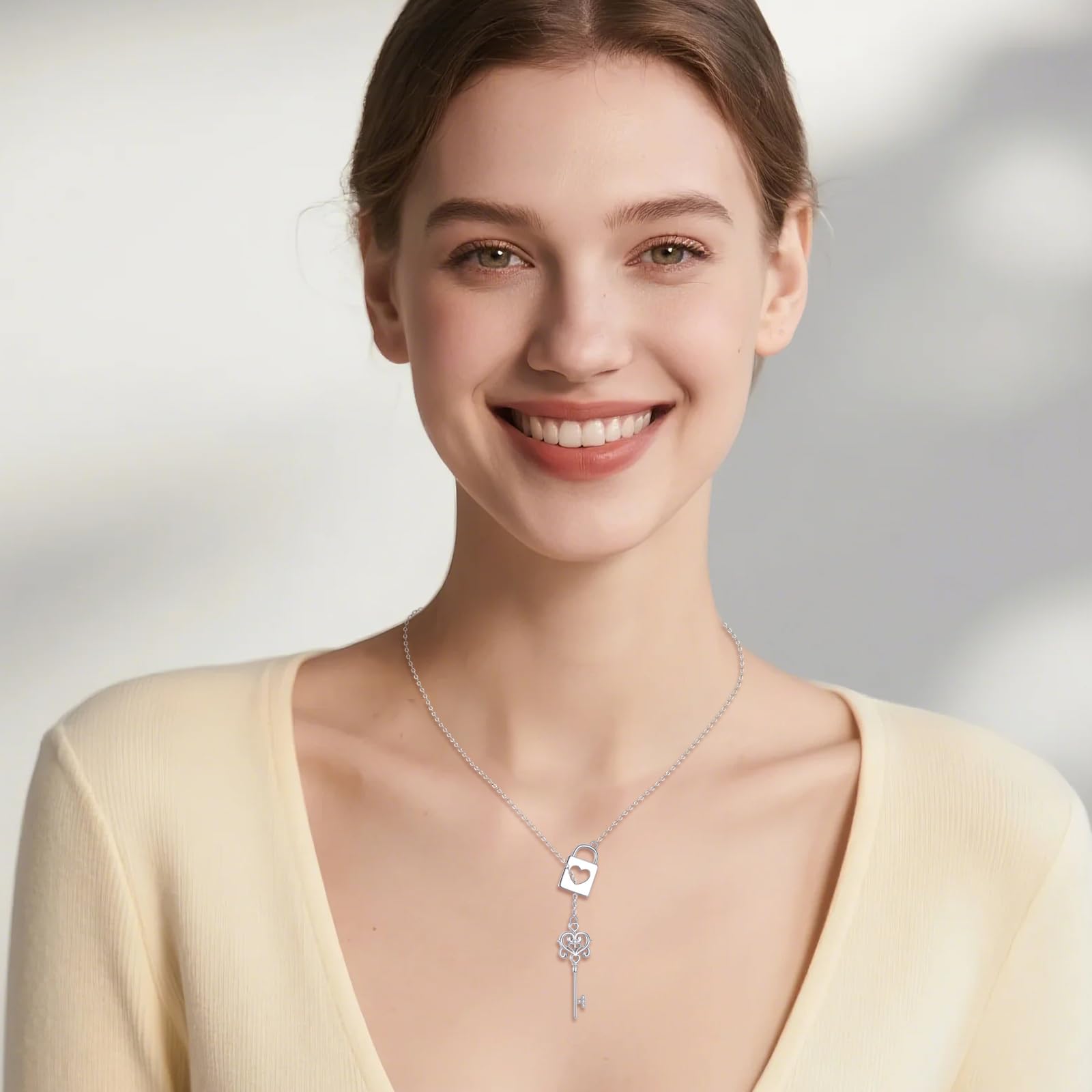 DAYLINLOVE Collar con candado y llave, de plata de ley 925, ajustable, Lariat Y, collar con colgante de candado y llave, regalo para mujer