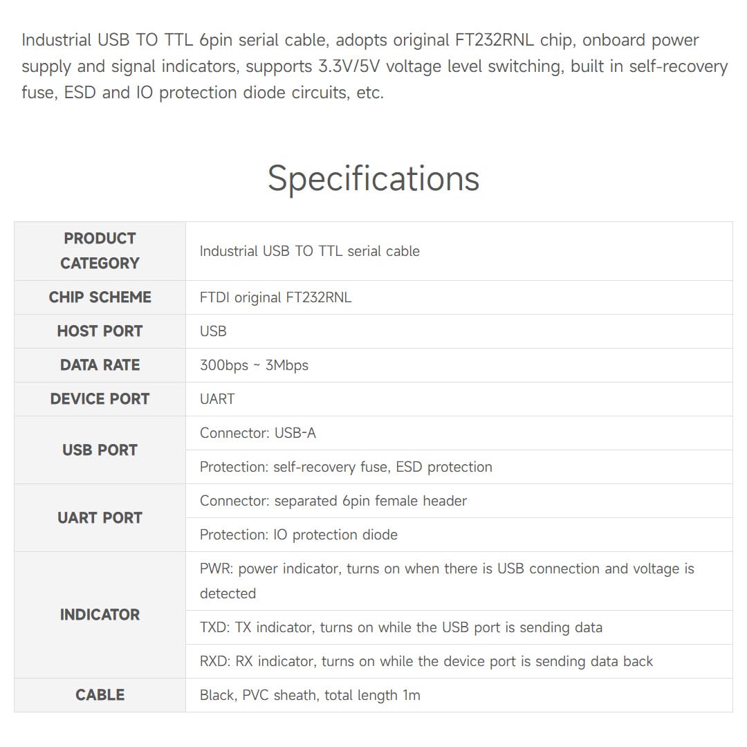 Waveshare Industrial USB TO TTL (C) 6pin Serial Cable, FT232RNL Chip, Multi Protection Circuits, for Win7/8/10/11/Mac/Linux, Hardware Flow Control, for Serial Port Debugging of Industrial Equipments