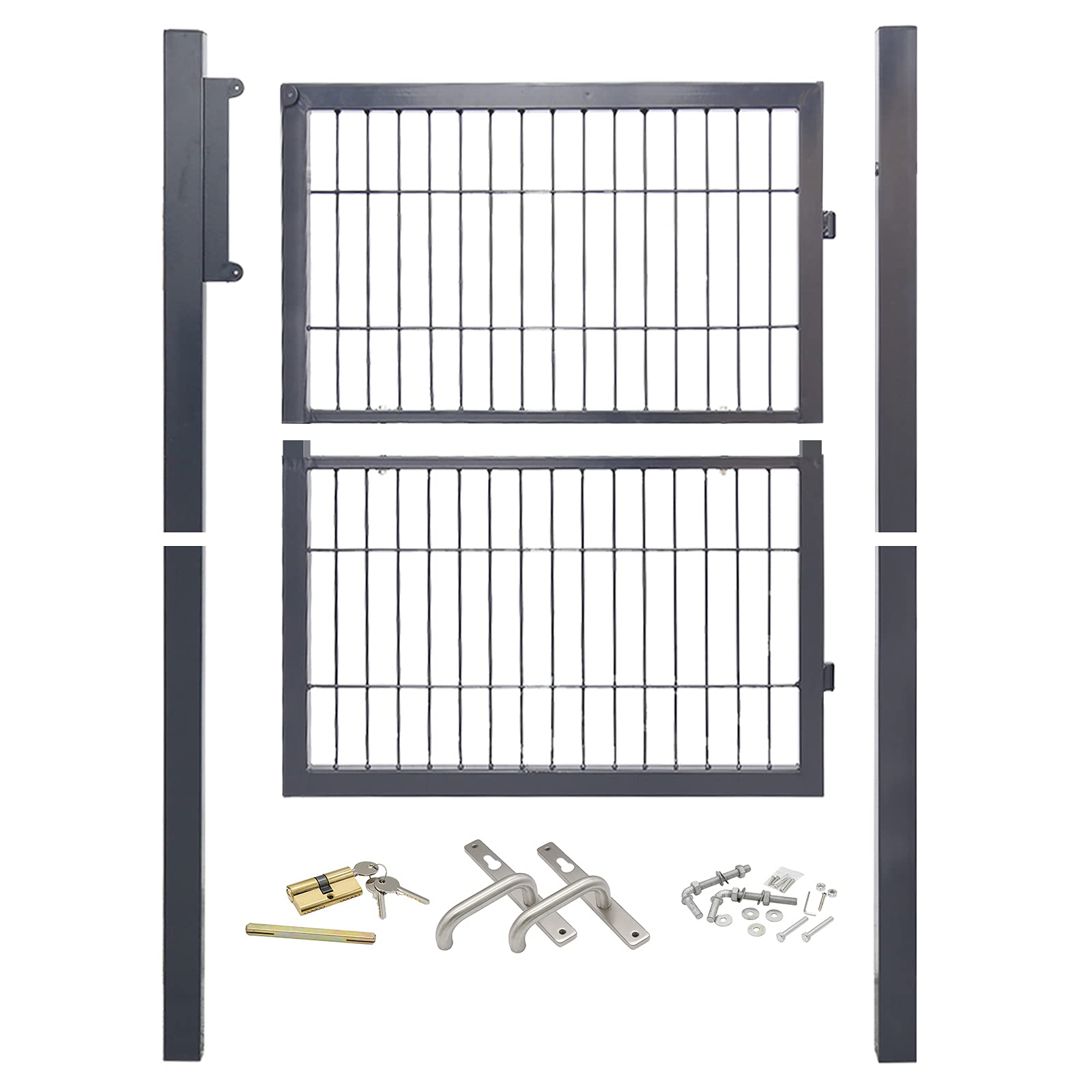 Randaco Puerta de Jardín, 120x100cm de Acero Galvanizado Puerta para Valla, Puerta de patio, Robusta y Duradera, con Cerradura, Manija y 3 Llave, Gris