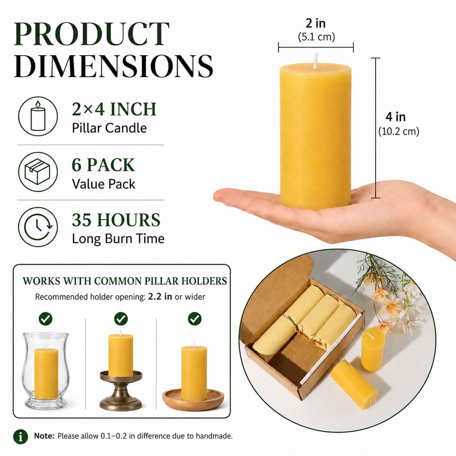 Juego de velas de cera de abeja de 6.210 horas de larga duración, velas de cera de abeja pura, sin goteo, sin humo y orgánicas, para el hogar, oración, fiestas, velas de pilar amarillo claro sin