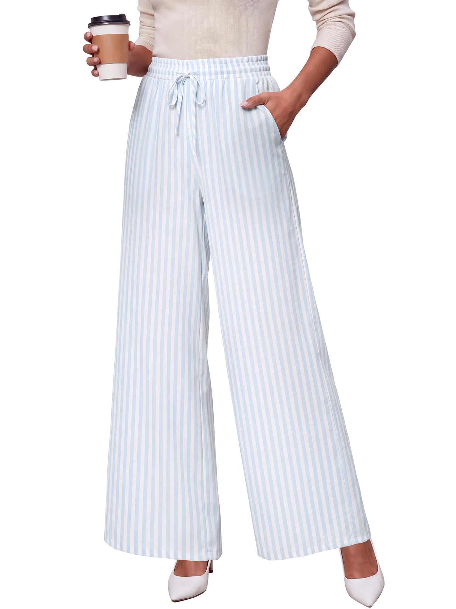 Women High Waist Wide Leg Pants Striped Drawstring Tropical Palazzo Trouser