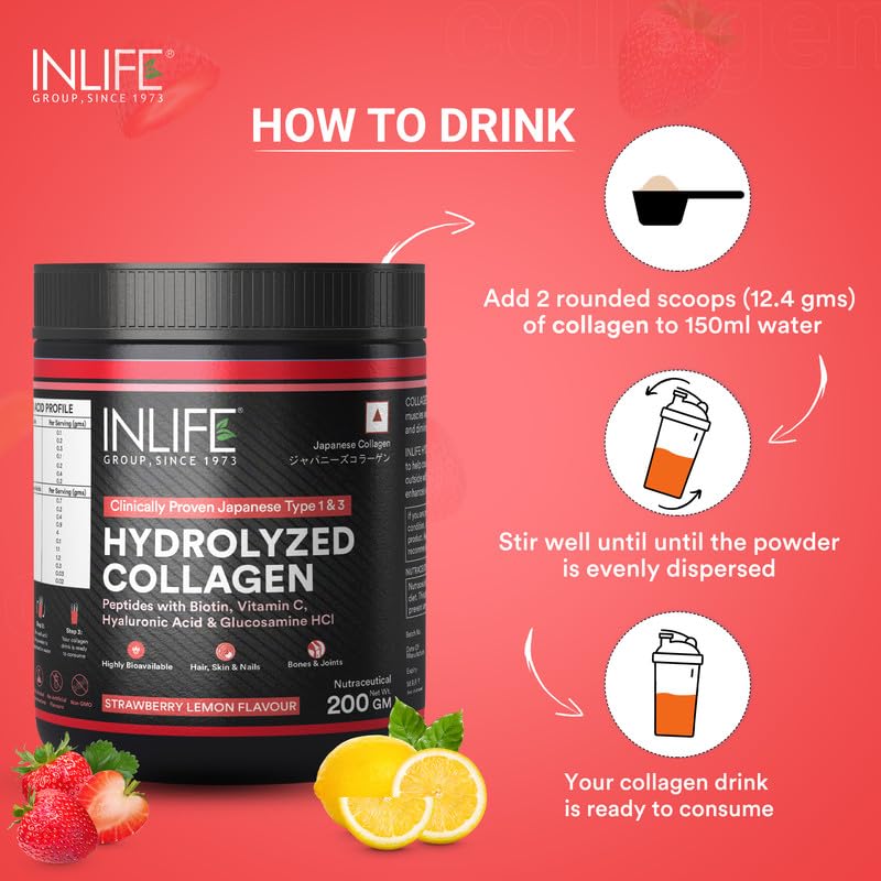 Image of INLIFE Japanese Collagen Powder | Hydrolyzed Collagen with Biotin & Hyaluronic Acid |With Clinically Proven Ingredients (Strawberry, 200g)