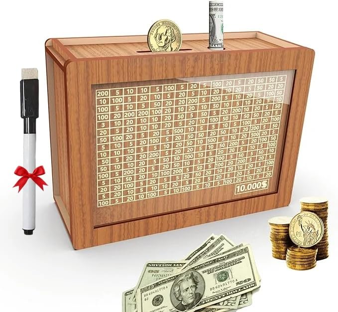 Cash Vault Wooden Savings Box, Cashbox Saving, Cash Saver Box,Wooden Money Box with Money Target and Numbers, Money Saving Box with Countdown, Saving Money Box for Adults & Kids (Wood, 10000$)