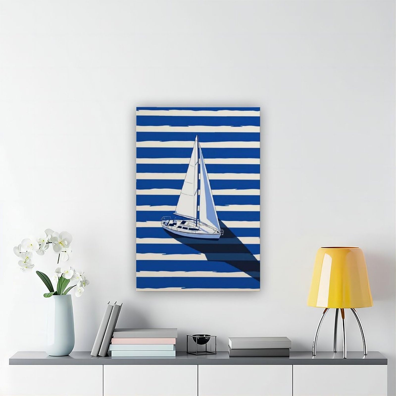 Minimalistisches nautisches Segelboot, Segelboot, blauer Ozean, Dekoration, Leinwandposter, Wandkunst, Druck, Bild, Gemälde für Wohnzimmer, Schlafzimmer, Dekoration, 50,8 x 76,2 cm (L x B)