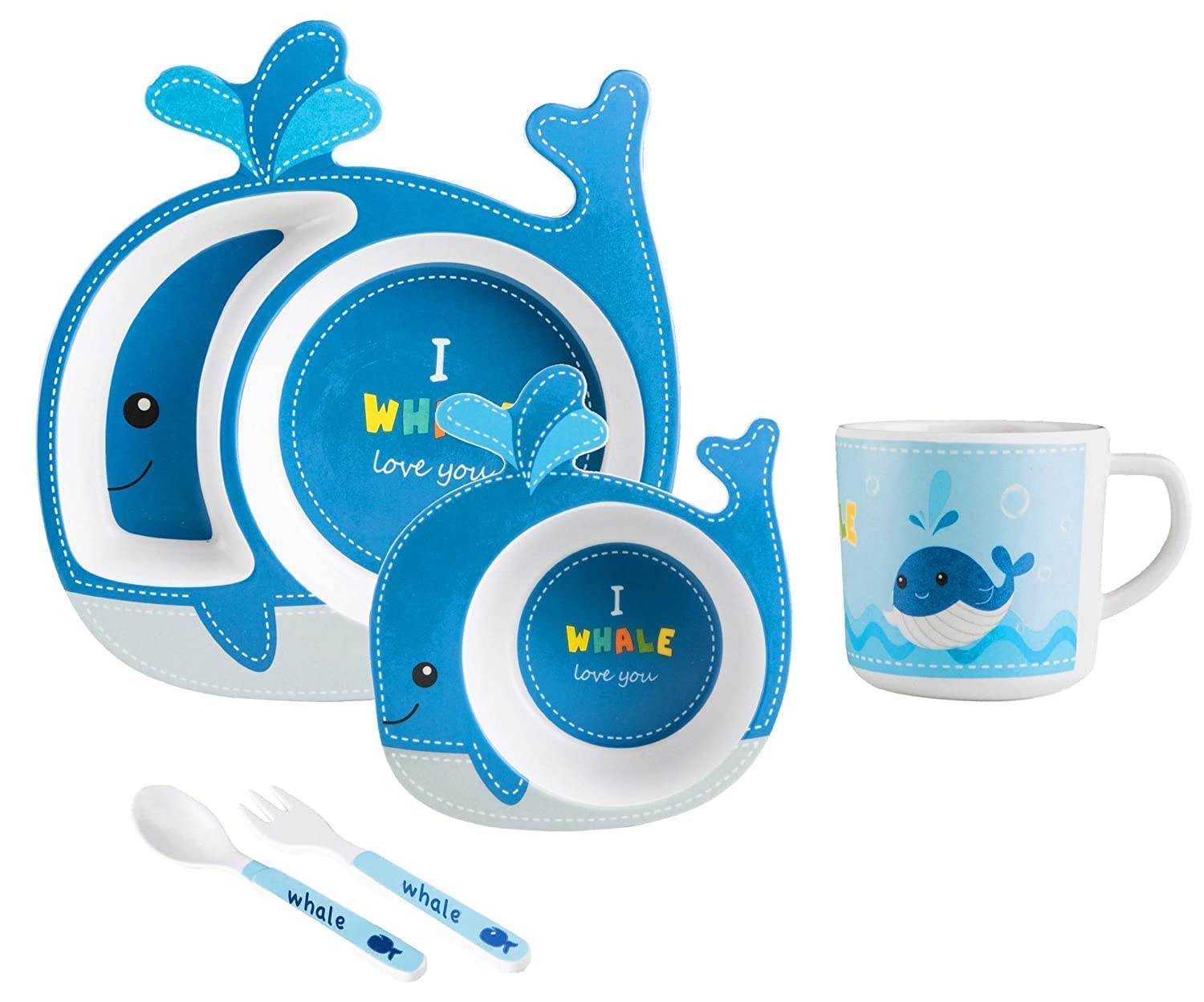 Bamboo Baby Tableware Set, Eco Friendly Bamboo Fiber Dinner Set for Weaning Toddlers/Kids, Set of Plate Bowl Cup Fork and Spoon/Baby Feeding Utensils for Kids (Elephant)-image-46