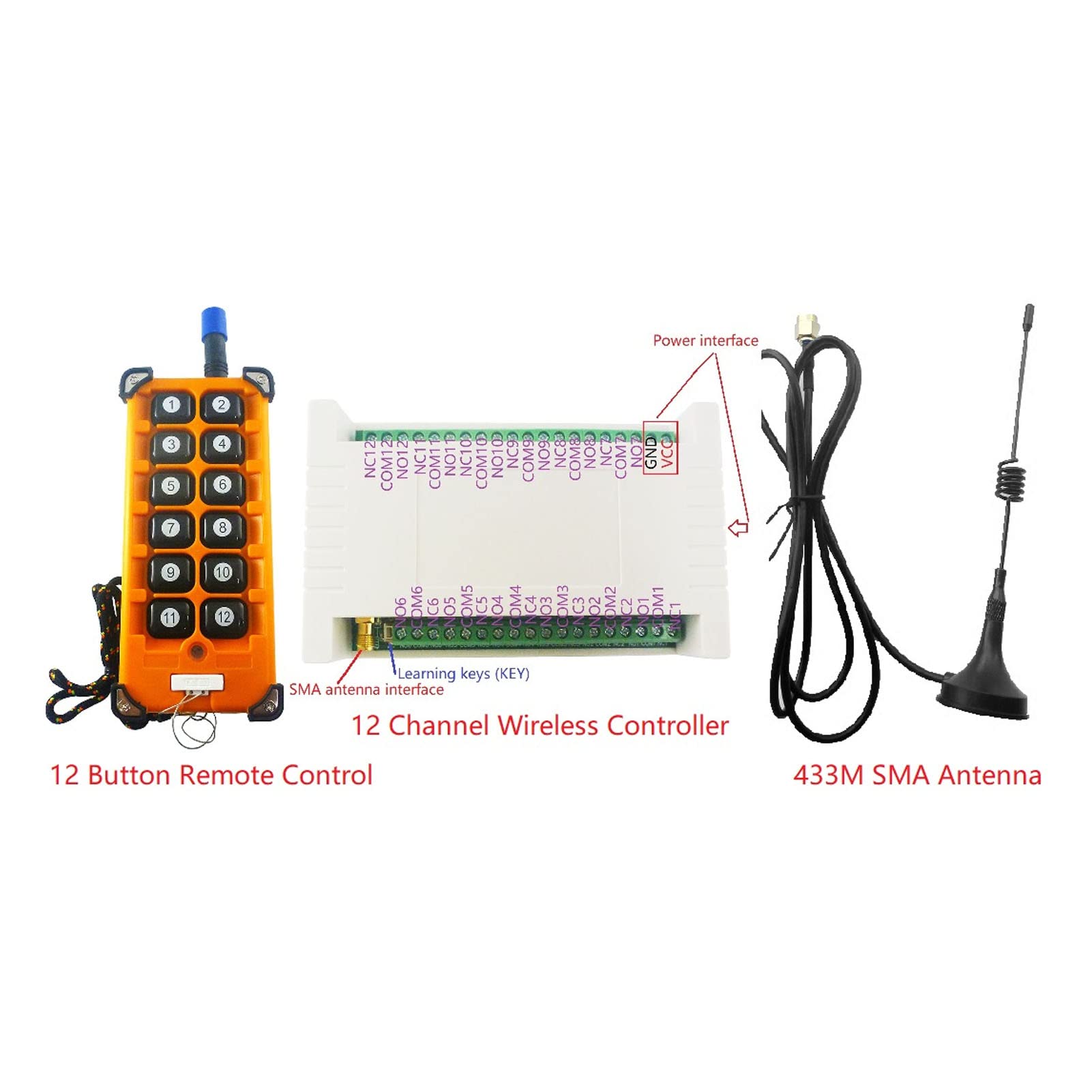 Telecomando per Gru, Codificatore Telecomando Wireless 12 Tasti 433M con Antenna 12 Canali, Trasmettitore Wireless Ad Alta sensibilità Interruttore a Pulsante Kit relè Controller (CC 12V)