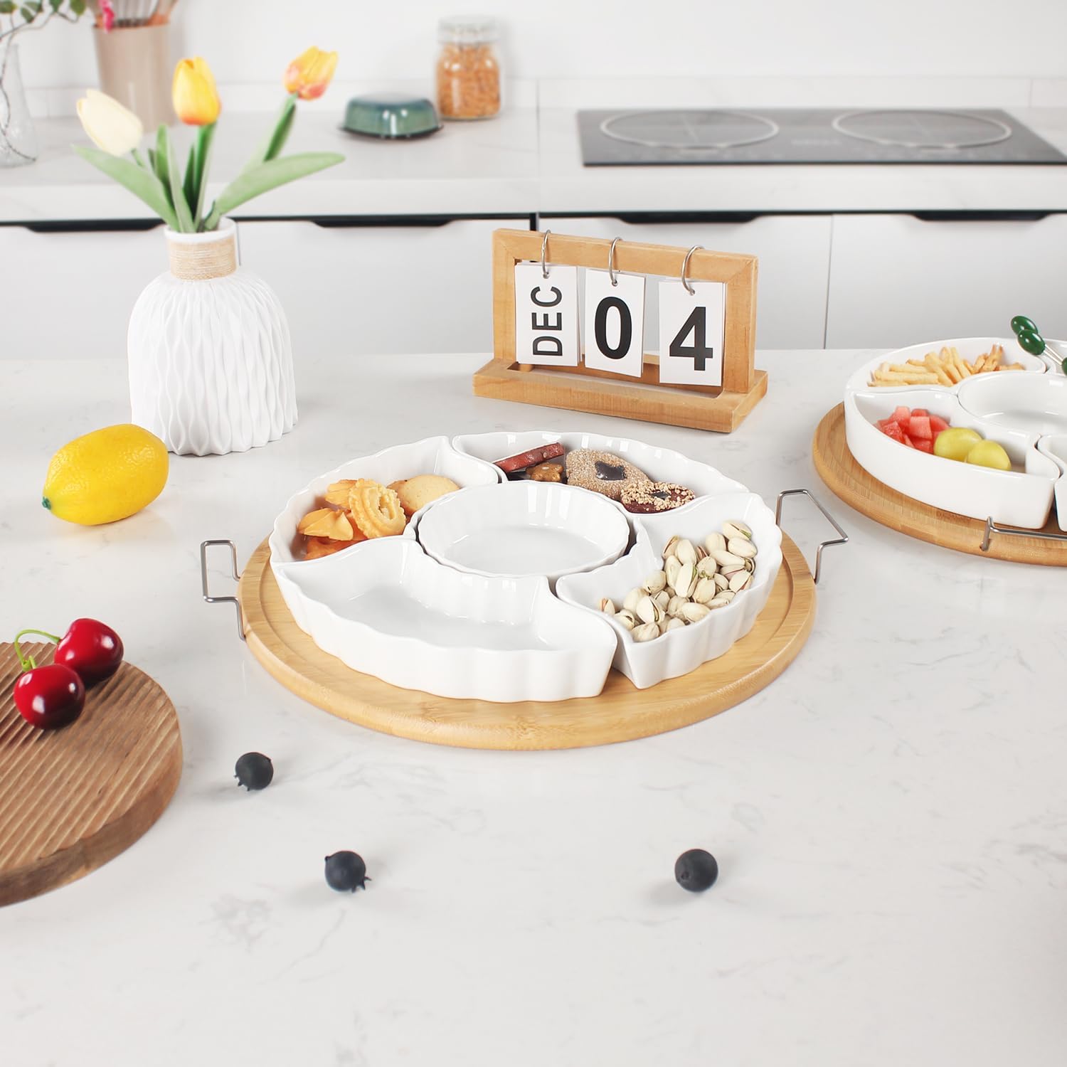 Rotatable Serving Tray and Platters, Divided Serving Bowls for Party, Kitchen Decor, Removable Serving Dishes for Chips and Dip, Fruit, Veggies, Candy and Snacks 12.6 Inch