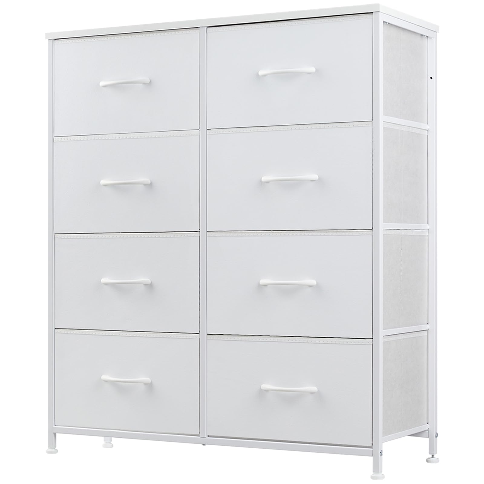 Fabric Dresser for Bedroom, 8 Drawer Double Dresser, Tall Chest Tower, Storage Tower with Fabric Bins, Chest of Drawers with Fabric Bins, Wood Top, Steel Frame Storage Furniture for Closet, White