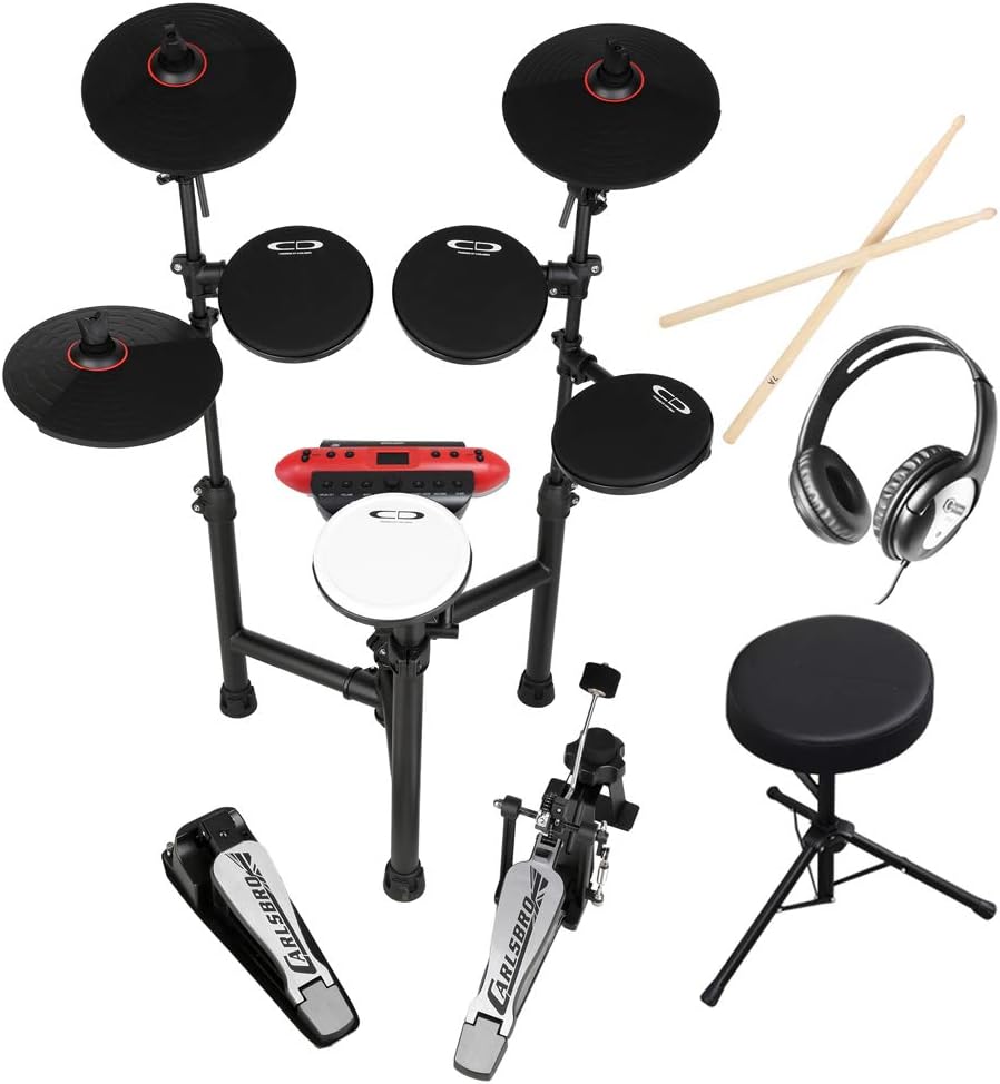 Carlsbro CSD130 R-PLUS electronic drum kit with stool & headphones – 8-piece foldable beginner set, 250 drum voices, 20 kits, 20 demo songs, USB MIDI, metronome, silent practice