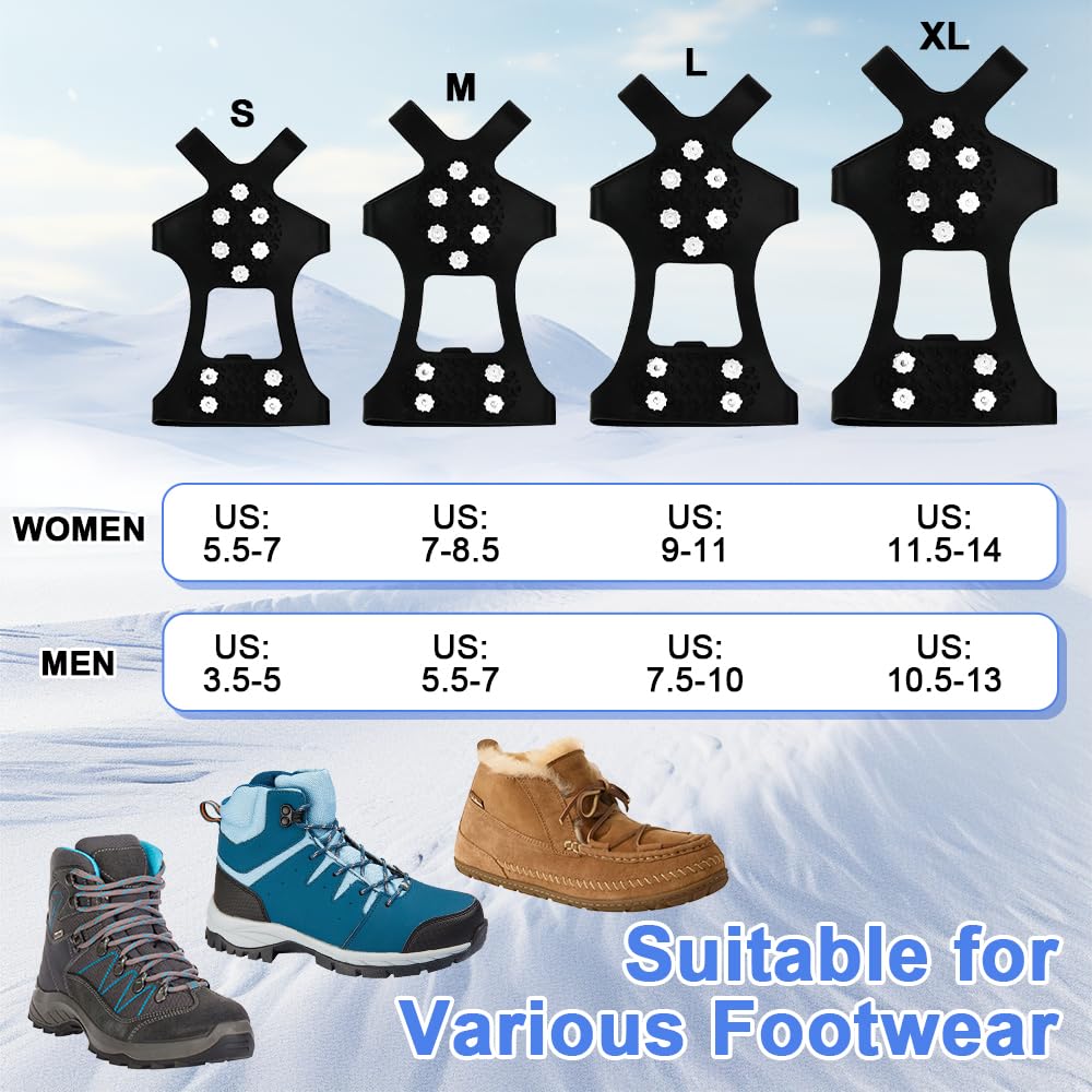 Ramponi per ghiaccio e neve, tacchetti per scarpe e stivali, antiscivolo, 10 punte in acciaio inox, protezione sicura per escursionismo, pesca, passeggiate