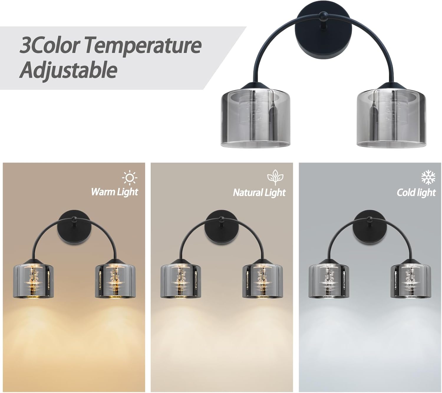 2-Light Bathroom Light Fixtures,15.7" Led Bathroom Vanity Light with Smoky Grey Glass,Modern Black Wall Sconce 3 Color Temperature Wall Lights for Mirror, Hallway,Living Room,Bedroom,Kitchen