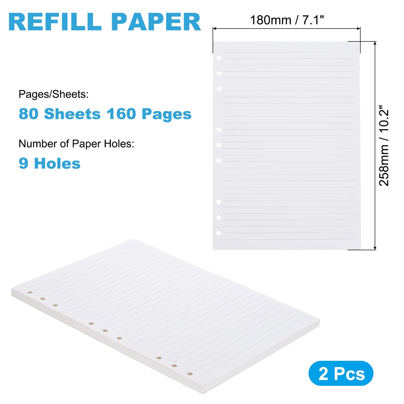 PATIKIL B5 Ruled Refills Inserts 9-Ring Binder Loose Leaf Planner Filler Paper Planner Inserts, 160 Sheets/320 Pages, Lined, White - Image 2