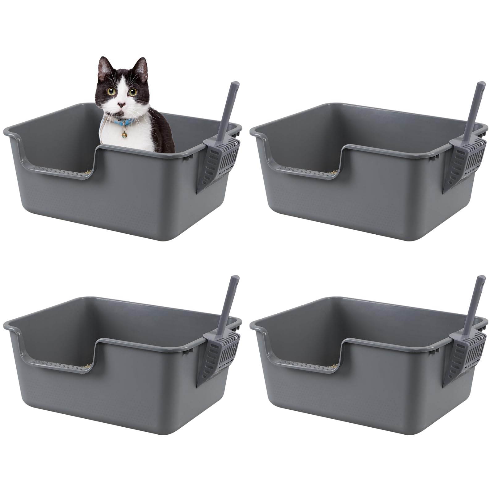 Nihenok 4-Pack Large High Side Plastic Cat Litter Box, Open Top Cat Litter Pan with Scoop, Grey